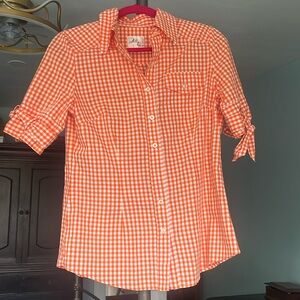 Milly of New York orange & white checkered short sleeve blouse.Made in the USA!